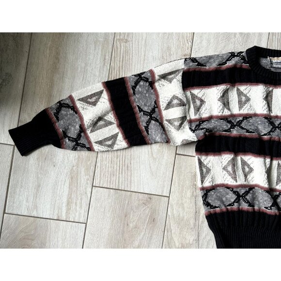 London Fog Men's Vintage 80's Geometric Sweater L Black/Gray/Red Grandpacore GUC - Picture 4 of 6